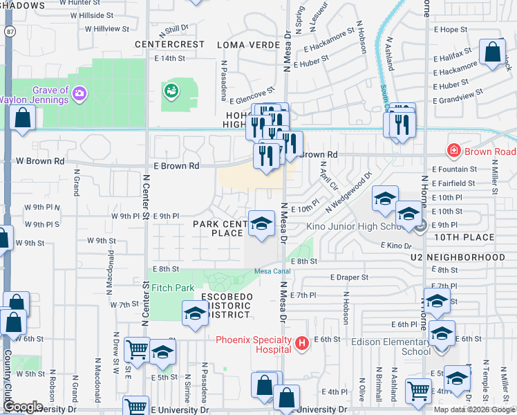 map of restaurants, bars, coffee shops, grocery stores, and more near 930 North Mesa Drive in Mesa