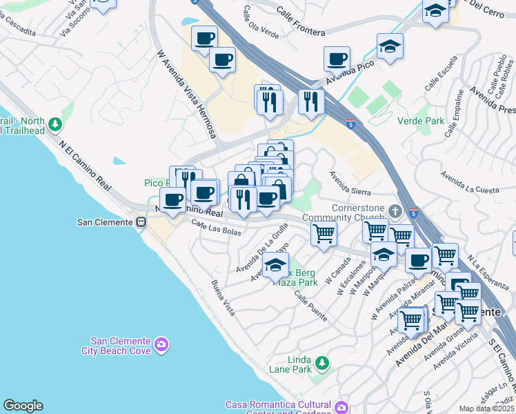 map of restaurants, bars, coffee shops, grocery stores, and more near 1519 Calle Valle in San Clemente