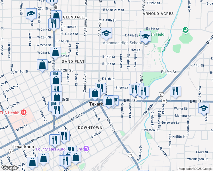 map of restaurants, bars, coffee shops, grocery stores, and more near 1002 Locust Street in Texarkana