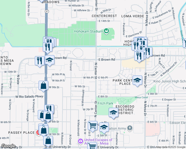 map of restaurants, bars, coffee shops, grocery stores, and more near 22 West 9th Place in Mesa