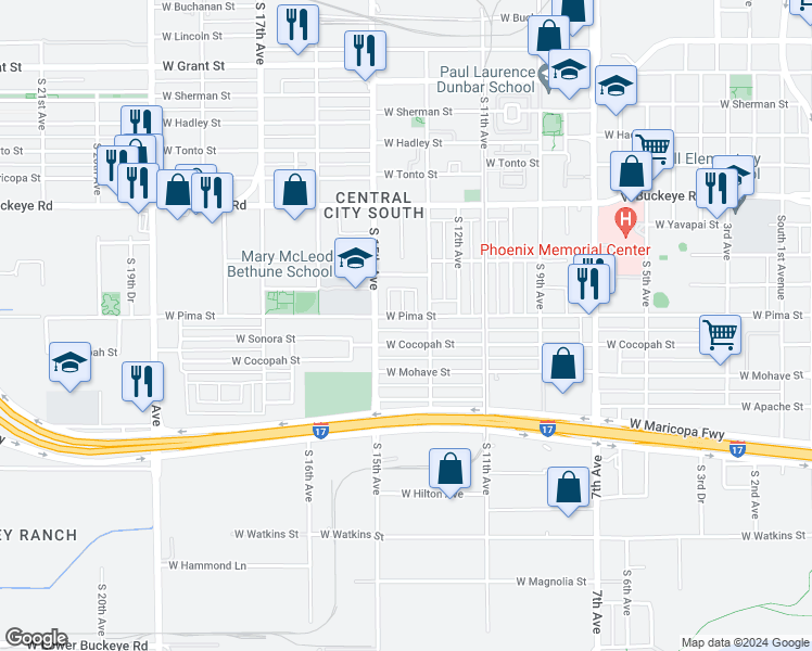 map of restaurants, bars, coffee shops, grocery stores, and more near 1440 South 14th Avenue in Phoenix
