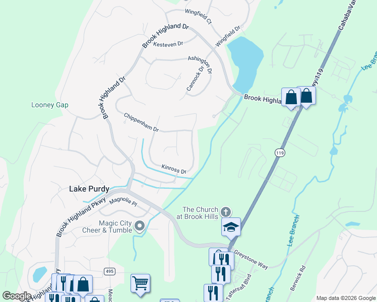 map of restaurants, bars, coffee shops, grocery stores, and more near 3841 Kinross Drive in Birmingham