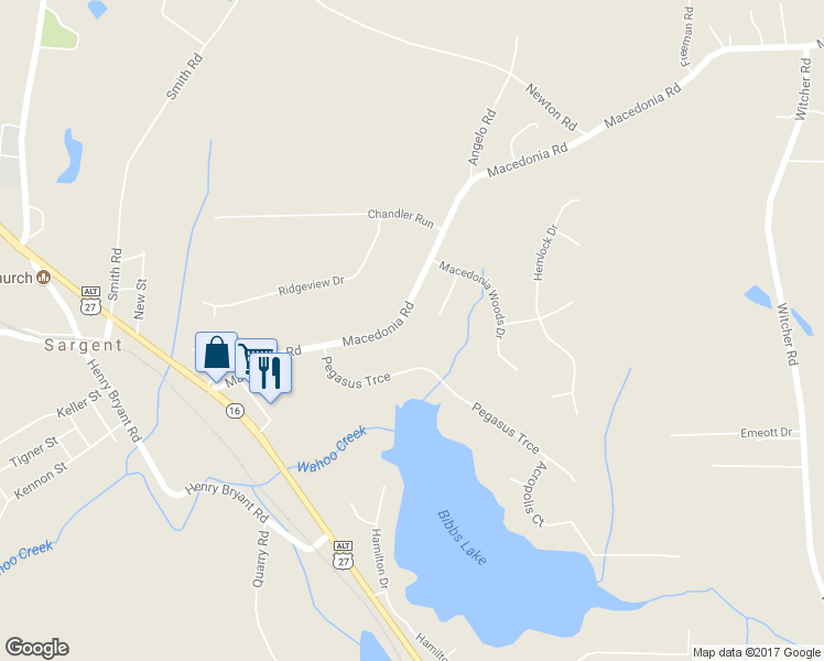 map of restaurants, bars, coffee shops, grocery stores, and more near 231 Macedonia Road in Newnan