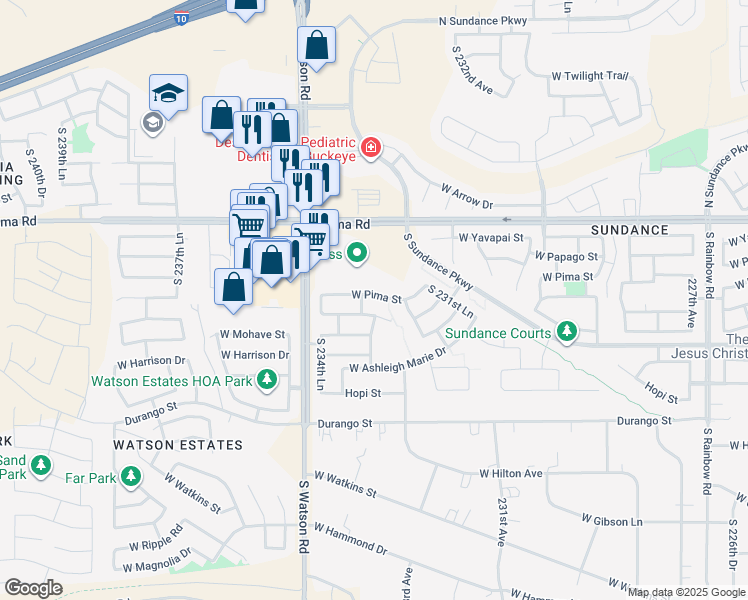 map of restaurants, bars, coffee shops, grocery stores, and more near 23398 West Pima Street in Buckeye