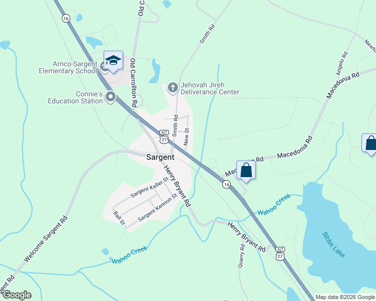 map of restaurants, bars, coffee shops, grocery stores, and more near 32 New Street in Newnan