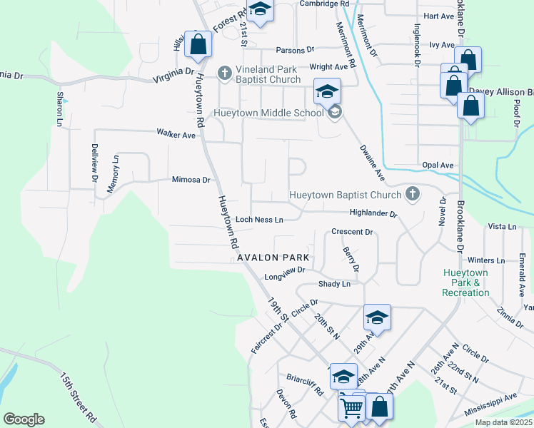 map of restaurants, bars, coffee shops, grocery stores, and more near 108 Highlander Drive in Hueytown