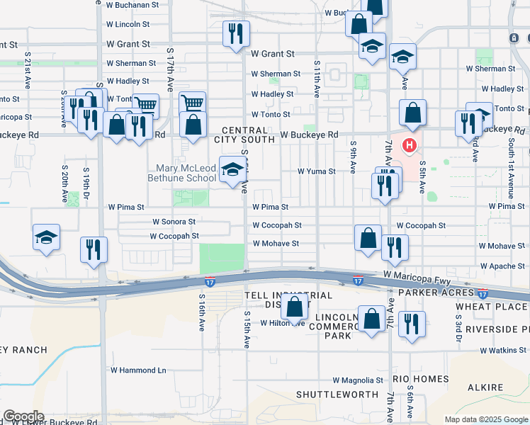 map of restaurants, bars, coffee shops, grocery stores, and more near 1440 South 14th Avenue in Phoenix