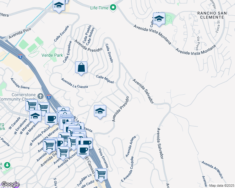 map of restaurants, bars, coffee shops, grocery stores, and more near 214 Calle Sonora in San Clemente
