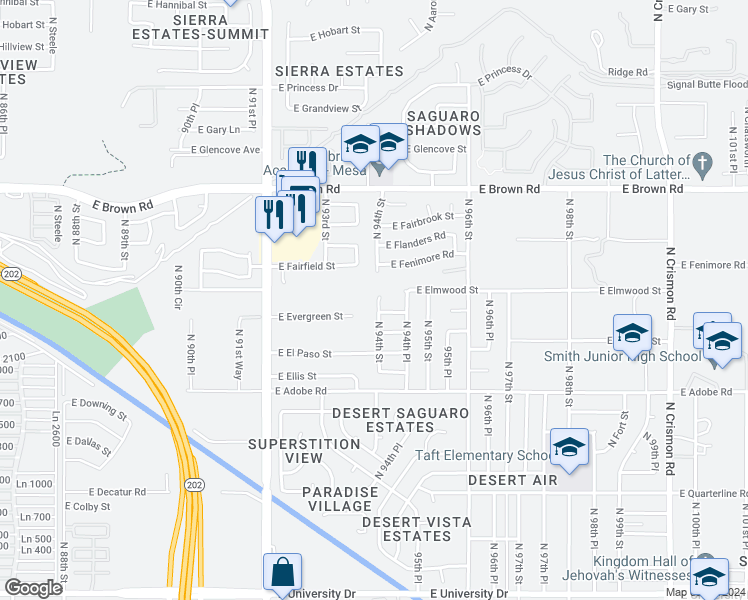 map of restaurants, bars, coffee shops, grocery stores, and more near 946 North 94th Street in Mesa