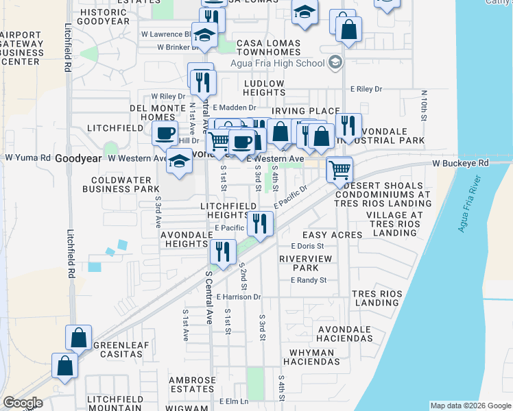 map of restaurants, bars, coffee shops, grocery stores, and more near 119 East Western Avenue in Avondale