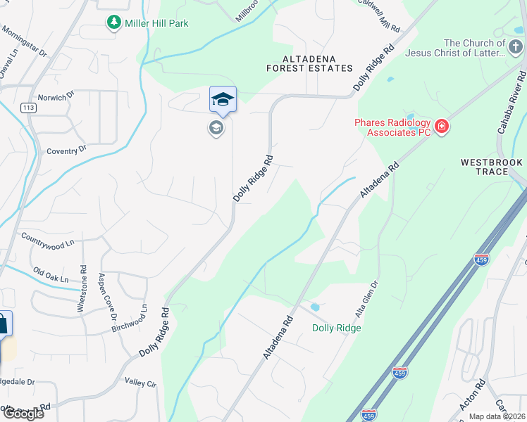 map of restaurants, bars, coffee shops, grocery stores, and more near 2423 Ridge Crest Lane in Vestavia Hills