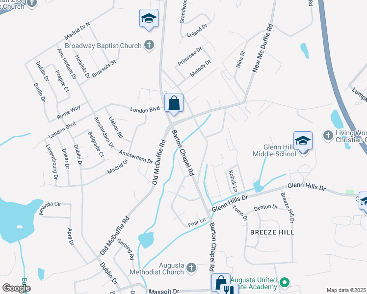 map of restaurants, bars, coffee shops, grocery stores, and more near 2416 Barton Chapel Road in Augusta