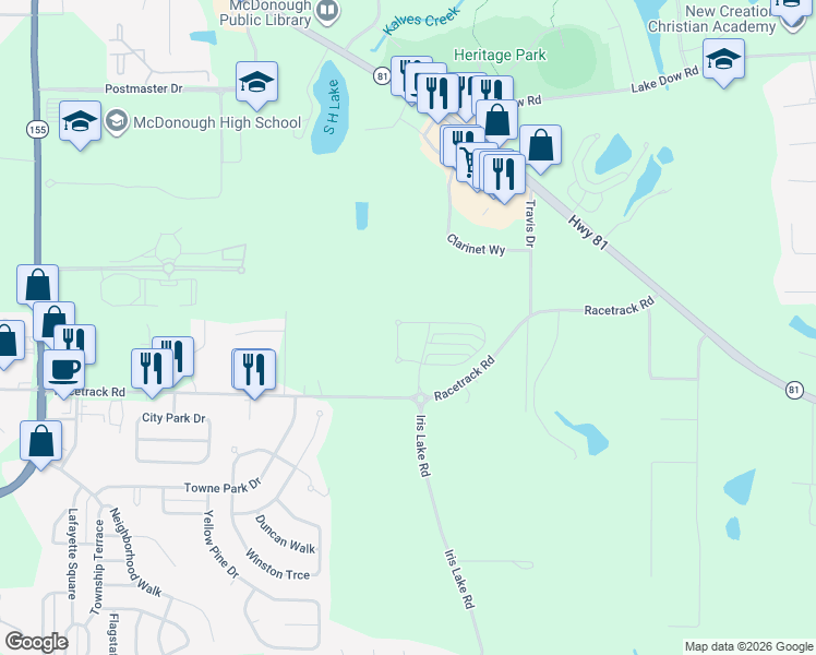 map of restaurants, bars, coffee shops, grocery stores, and more near 191 Daisy Circle in McDonough