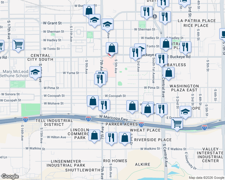 map of restaurants, bars, coffee shops, grocery stores, and more near 1201 South 7th Avenue in Phoenix