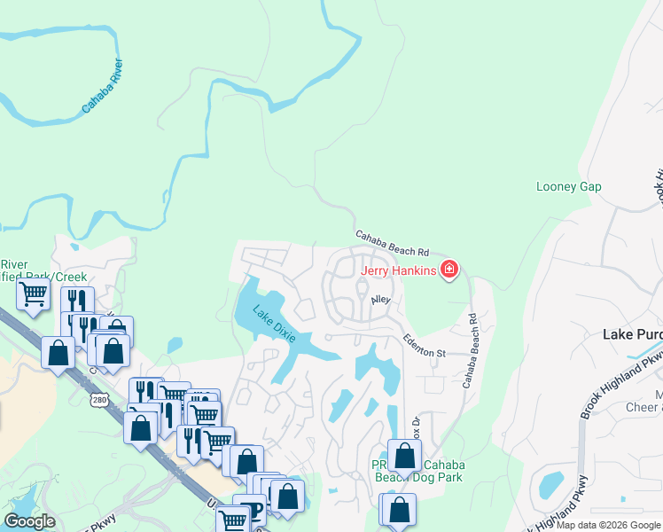 map of restaurants, bars, coffee shops, grocery stores, and more near 33149 Portobello Road in Birmingham