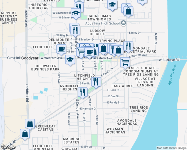 map of restaurants, bars, coffee shops, grocery stores, and more near 119 East Western Avenue in Avondale