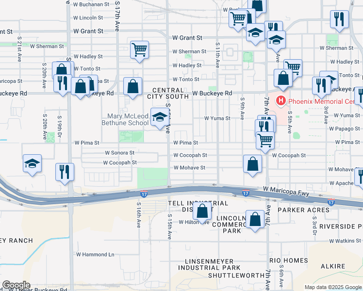 map of restaurants, bars, coffee shops, grocery stores, and more near 1317 West Pima Street in Phoenix