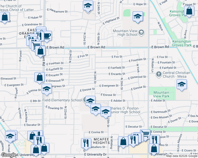 map of restaurants, bars, coffee shops, grocery stores, and more near 2437 East Encanto Street in Mesa