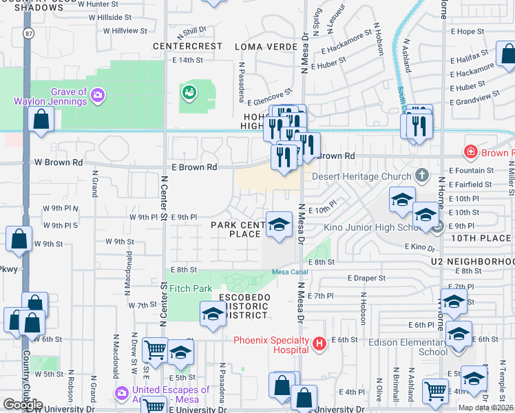 map of restaurants, bars, coffee shops, grocery stores, and more near 1101 North Pasadena in Mesa