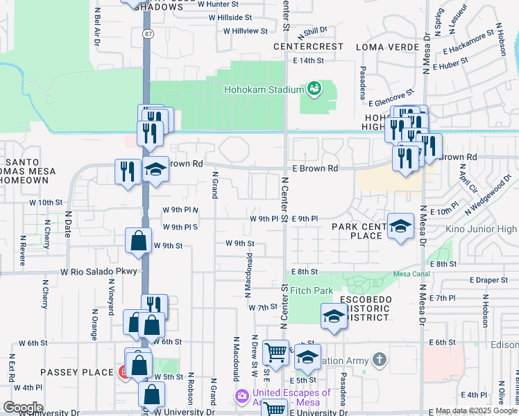 map of restaurants, bars, coffee shops, grocery stores, and more near 35 West Brown Road in Mesa