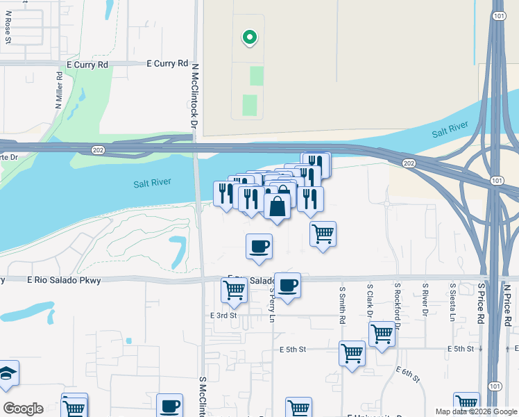 map of restaurants, bars, coffee shops, grocery stores, and more near 35 S McClintock Dr in Tempe
