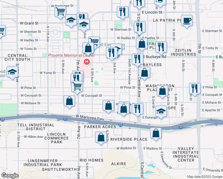 map of restaurants, bars, coffee shops, grocery stores, and more near 305 West Pima Street in Phoenix