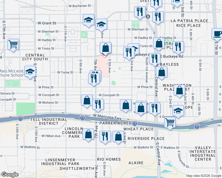 map of restaurants, bars, coffee shops, grocery stores, and more near 311 West Pima Street in Phoenix