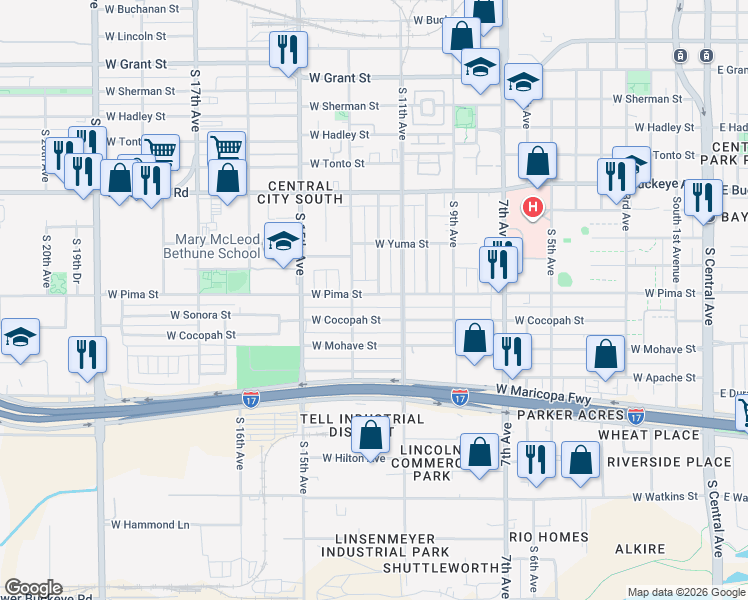 map of restaurants, bars, coffee shops, grocery stores, and more near 1437 South 12th Avenue in Phoenix