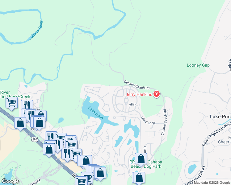 map of restaurants, bars, coffee shops, grocery stores, and more near 33149 Portobello Road in Birmingham