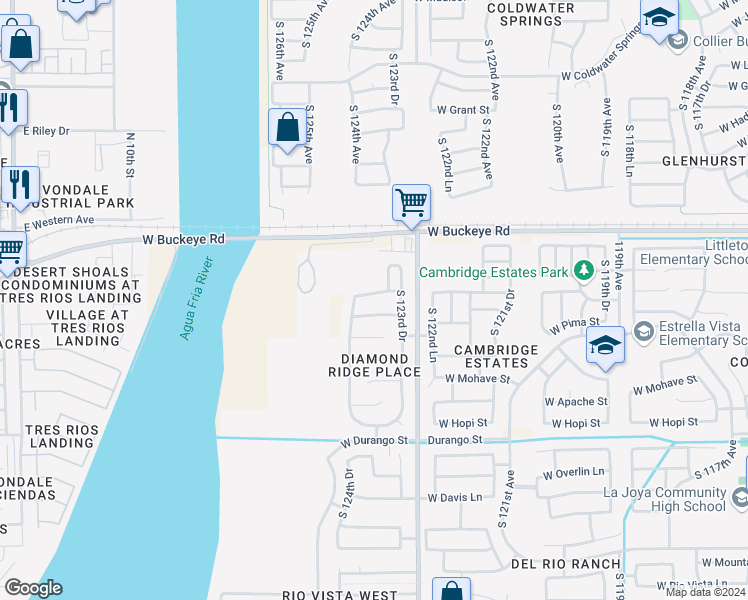 map of restaurants, bars, coffee shops, grocery stores, and more near 12409 West Flanagan Street in Avondale