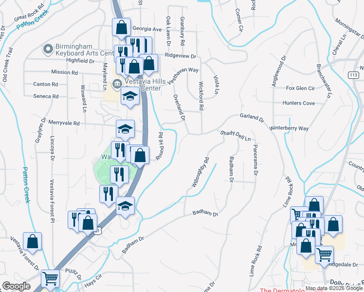 map of restaurants, bars, coffee shops, grocery stores, and more near 2101 Garland Circle in Vestavia Hills