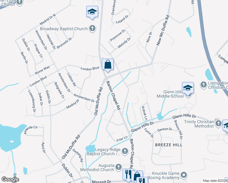 map of restaurants, bars, coffee shops, grocery stores, and more near 2404 Barton Chapel Road in Augusta