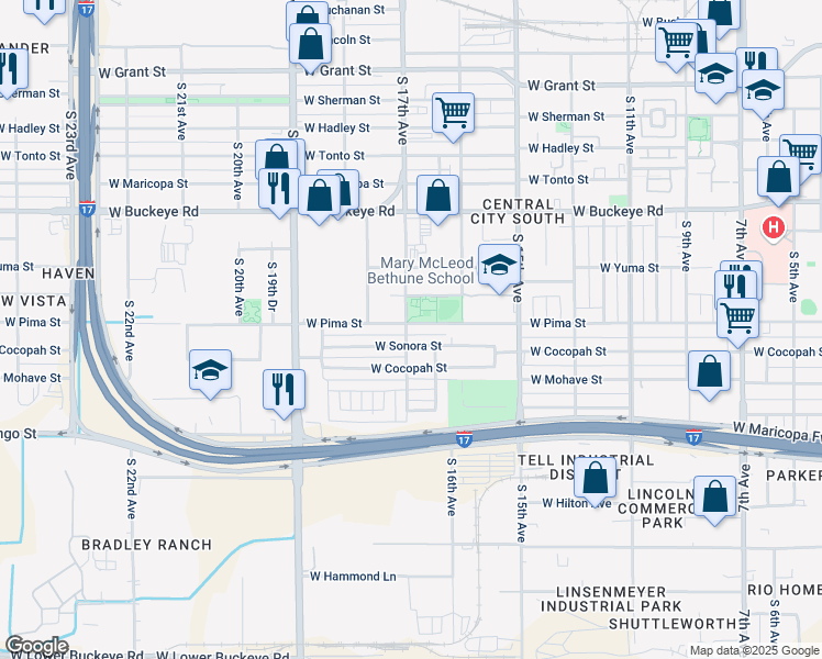 map of restaurants, bars, coffee shops, grocery stores, and more near 1647 West Pima Street in Phoenix