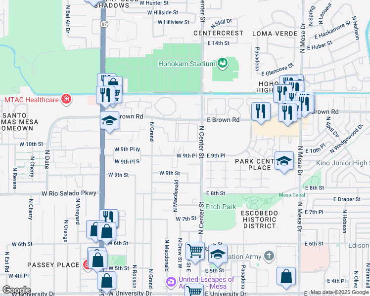 map of restaurants, bars, coffee shops, grocery stores, and more near 50 West 9th Place in Mesa