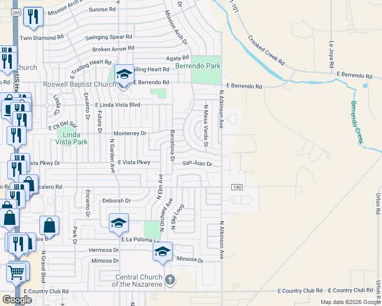 map of restaurants, bars, coffee shops, grocery stores, and more near 3013 Mission Arch Drive in Roswell