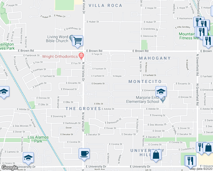 map of restaurants, bars, coffee shops, grocery stores, and more near 3753 East Encanto Street in Mesa