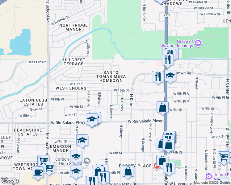 map of restaurants, bars, coffee shops, grocery stores, and more near 1014 North Revere in Mesa