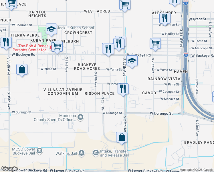 map of restaurants, bars, coffee shops, grocery stores, and more near 2820 West Pima Street in Phoenix