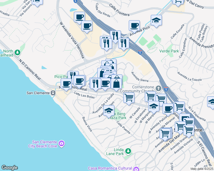 map of restaurants, bars, coffee shops, grocery stores, and more near 107 Calle Bonito in San Clemente