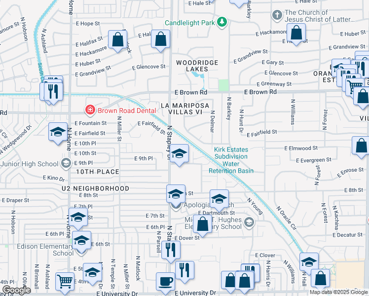 map of restaurants, bars, coffee shops, grocery stores, and more near 1224 East Evergreen Street in Mesa