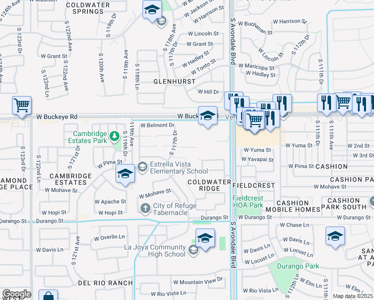 map of restaurants, bars, coffee shops, grocery stores, and more near 1317 117th Drive in Avondale