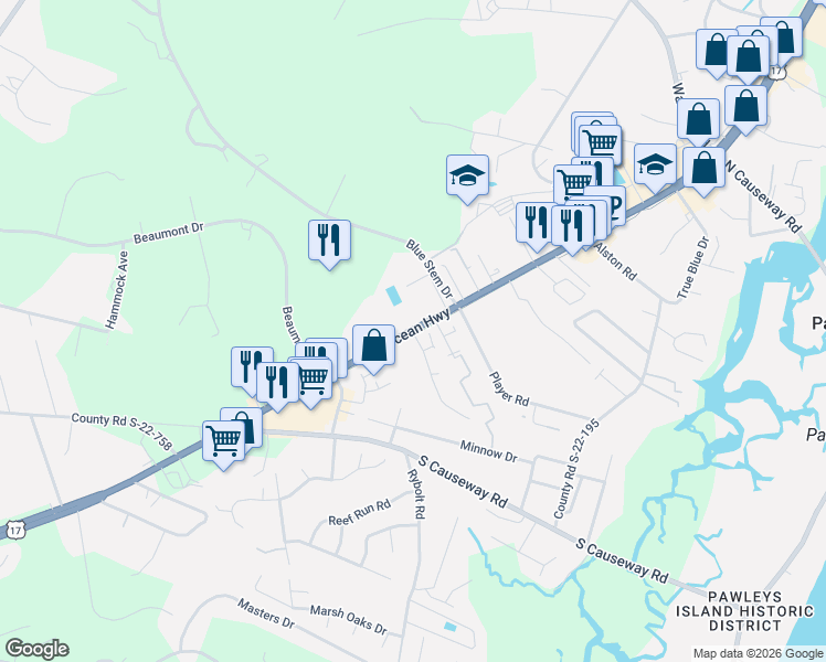 map of restaurants, bars, coffee shops, grocery stores, and more near 9753 Ocean Highway in Pawleys Island