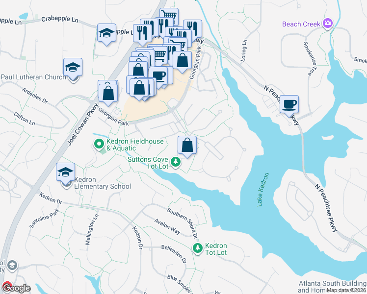 map of restaurants, bars, coffee shops, grocery stores, and more near 102 Sutton's Cove in Peachtree City