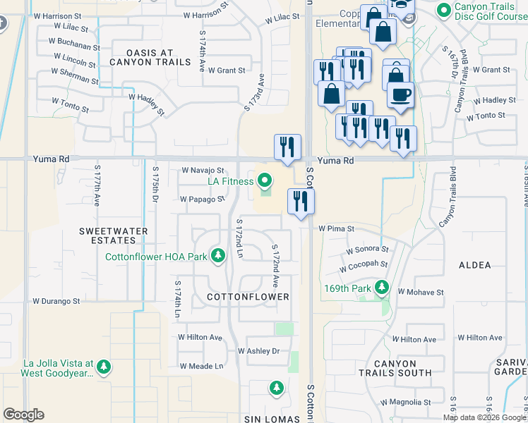 map of restaurants, bars, coffee shops, grocery stores, and more near 17226 West Elaine Drive in Goodyear