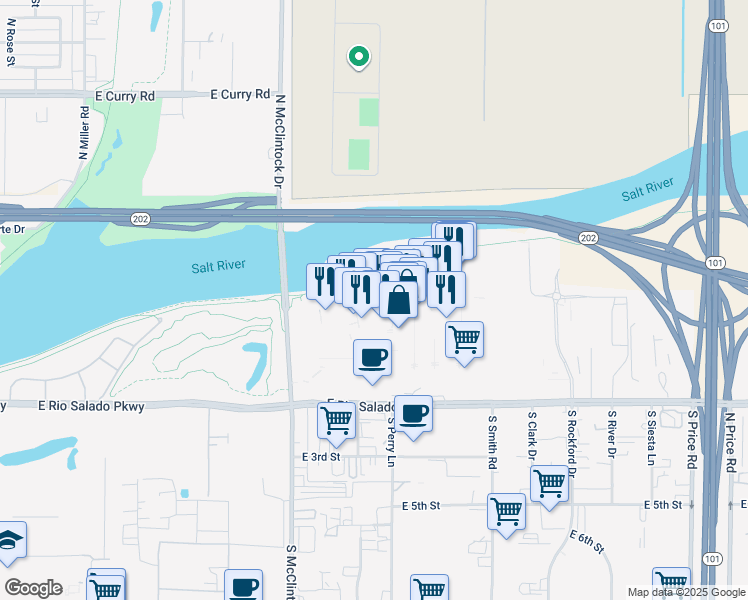 map of restaurants, bars, coffee shops, grocery stores, and more near 2000 East Rio Salado Parkway in Tempe