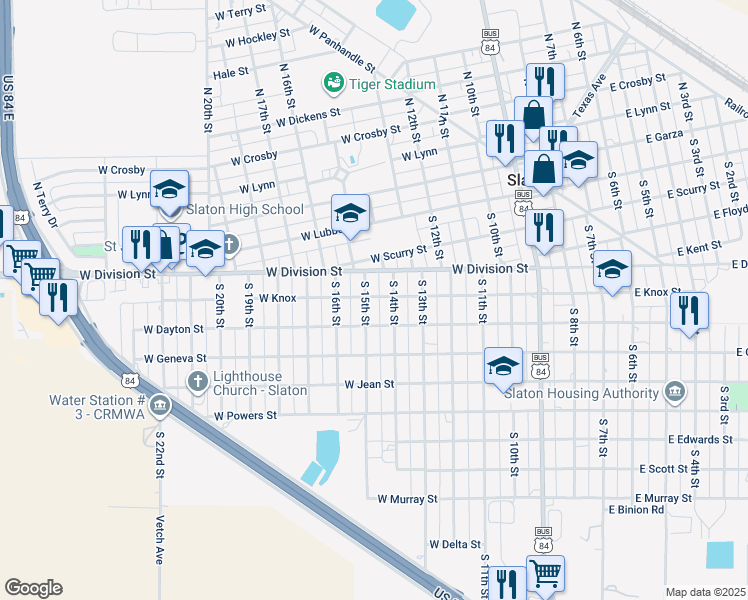 map of restaurants, bars, coffee shops, grocery stores, and more near 636 South 15th Street in Slaton
