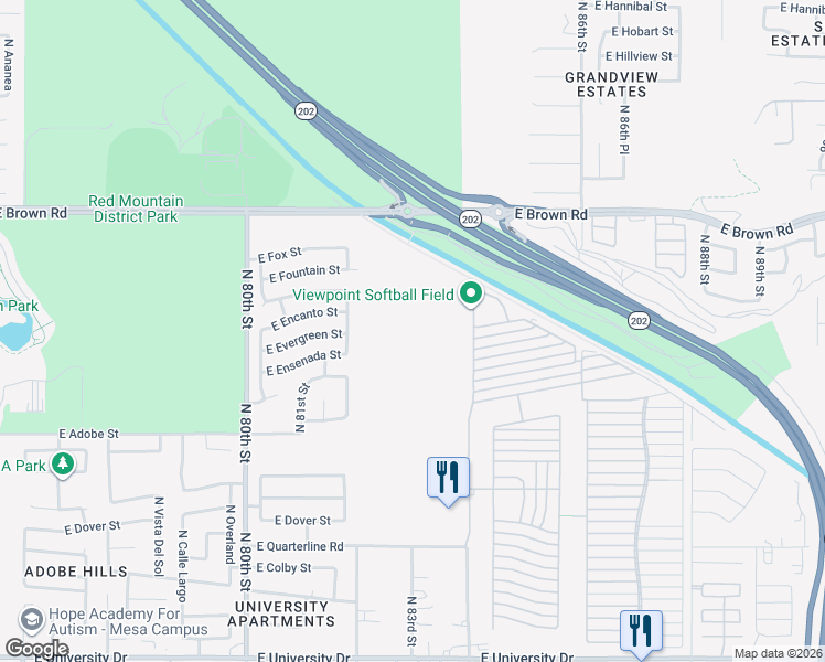 map of restaurants, bars, coffee shops, grocery stores, and more near 650 North Hawes Road in Mesa