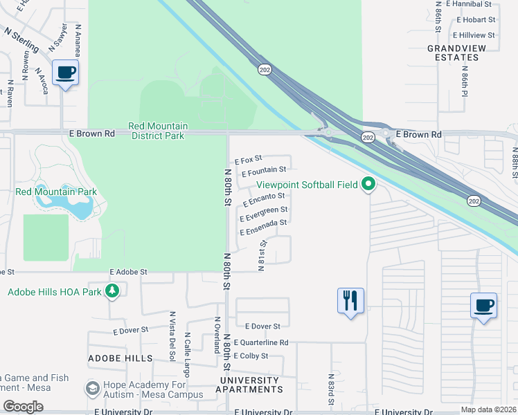 map of restaurants, bars, coffee shops, grocery stores, and more near 8064 East Encanto Street in Mesa