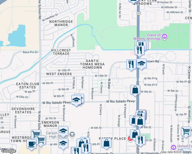 map of restaurants, bars, coffee shops, grocery stores, and more near 1014 North Revere in Mesa