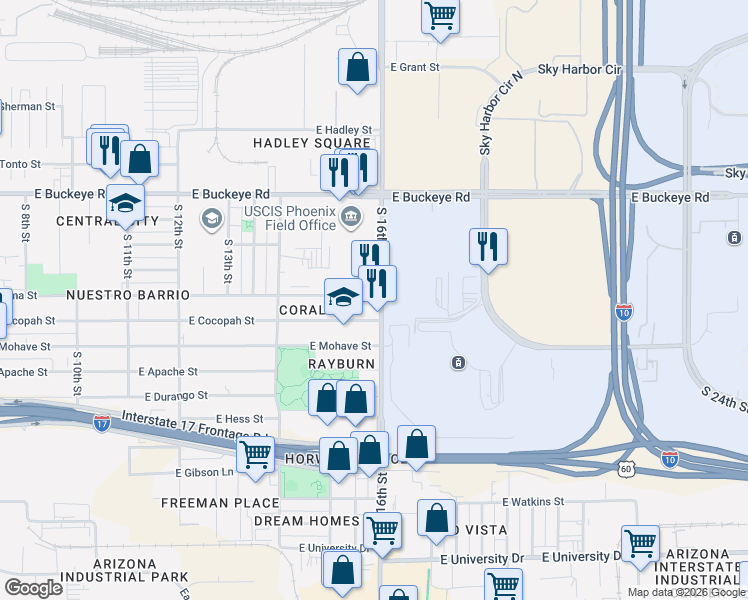 map of restaurants, bars, coffee shops, grocery stores, and more near 1580 East Pima Street in Phoenix